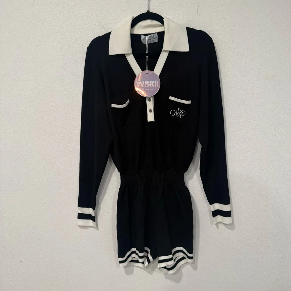 WISKII Sleek V-Neck Polo Playsuit in Black L - Picture 2 of 6